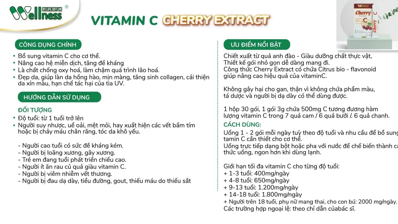 Hướng Dẫn Sử Dụng Thực Phẩm Bổ Sung Vitamin C Cherry Extract - Wellness By Life Gift Vn - 1Mall.vn