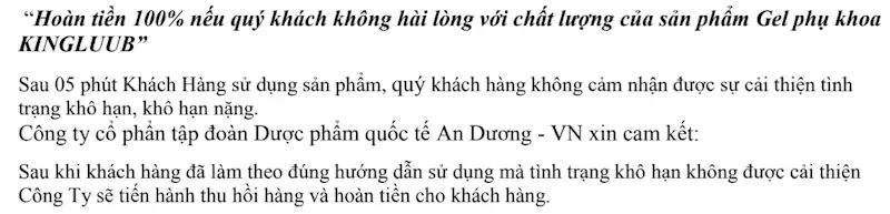 Cam Kết Hoàn Tiền Gel Phụ Khoa Kingluub - 1Mall.vn