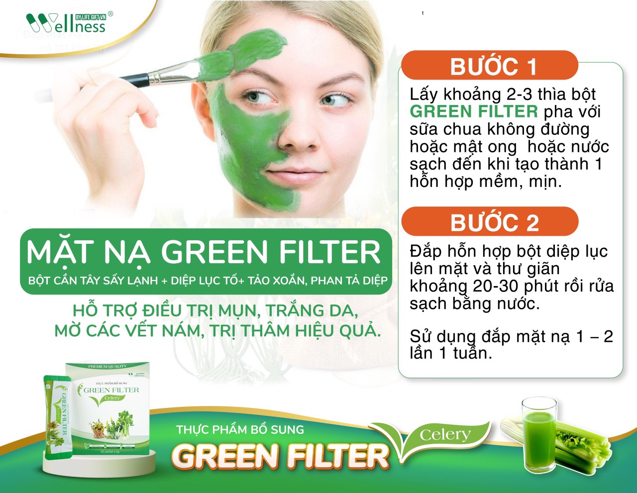 Thực Phẩm Bổ Sung Bột Cần Tây Sấy Lạnh Diệp Lục Green Filter Celery có thể dùng làm mặt nạ đắp mặt - 1Mall.vn