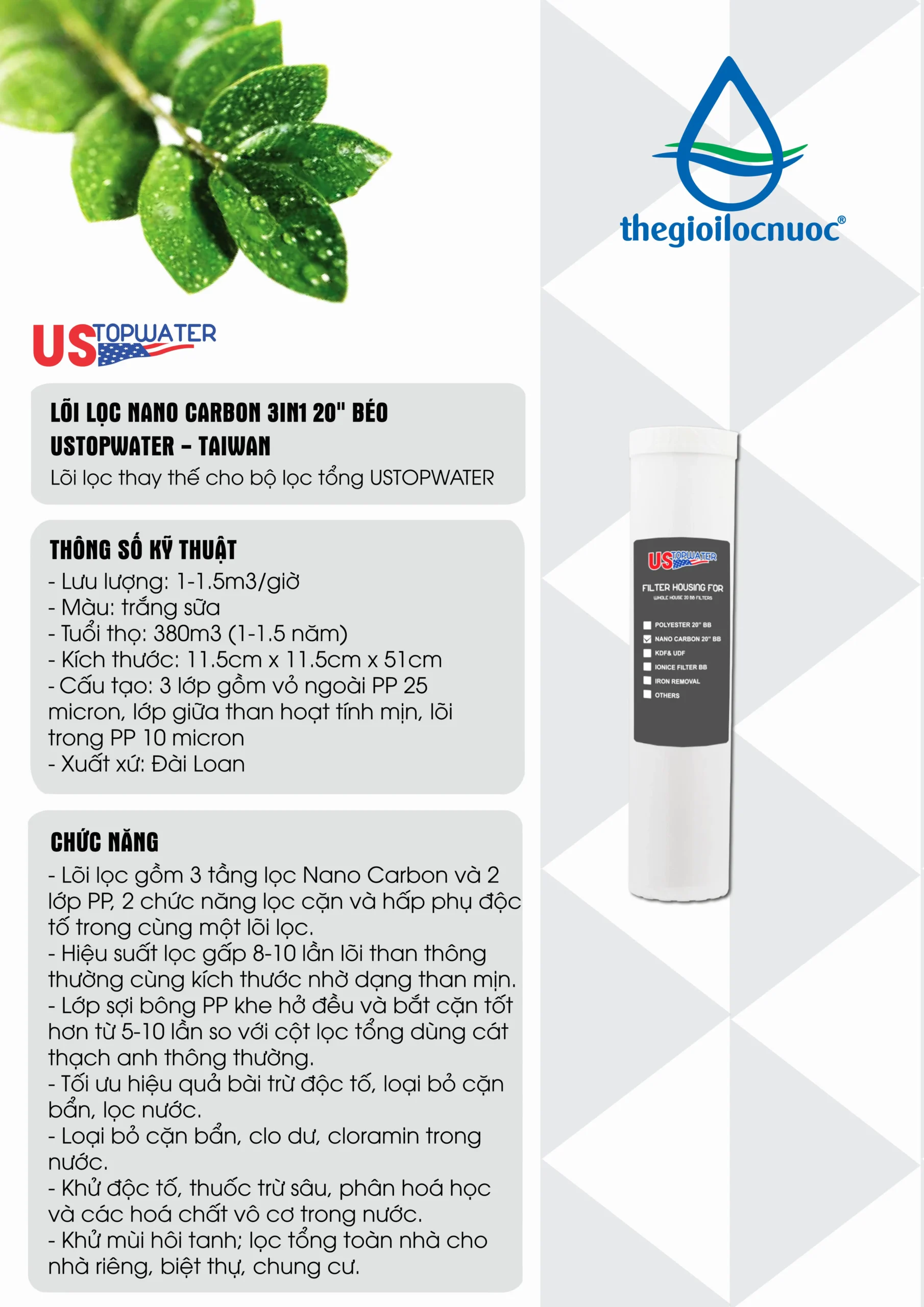 Thông Tin Lõi Lọc Nano Carbon 3in1 Hydronix Ustopwater